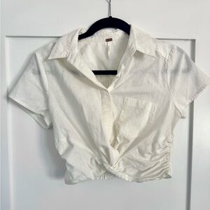 White Collared Button Up Linen Women's Crop Top